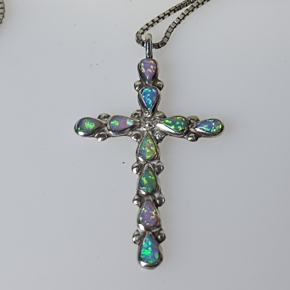 Vintage Sterling Silver Zuni Opal Cross Necklace - Picture 7 of 9